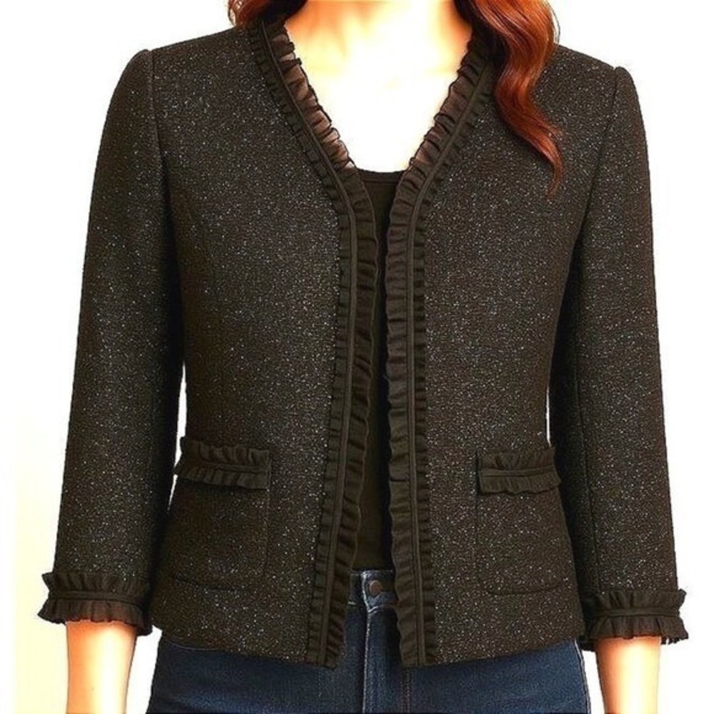 Black Tweed Ruffle Trim‎ Jacket Office Career Evening Wool Blend Sz 8 NWT